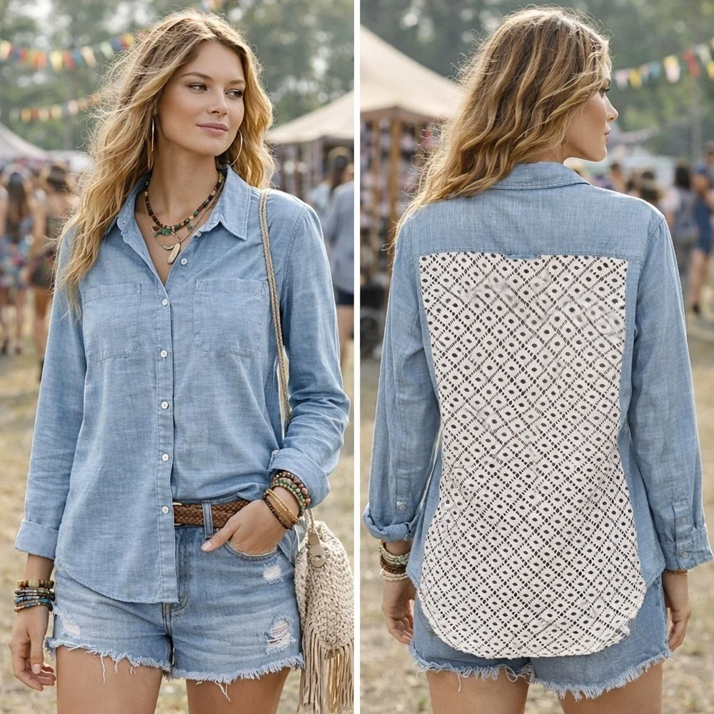 Free People Chambray Crochet Lace Back Button Down Shirt | Boho Blue | Size S